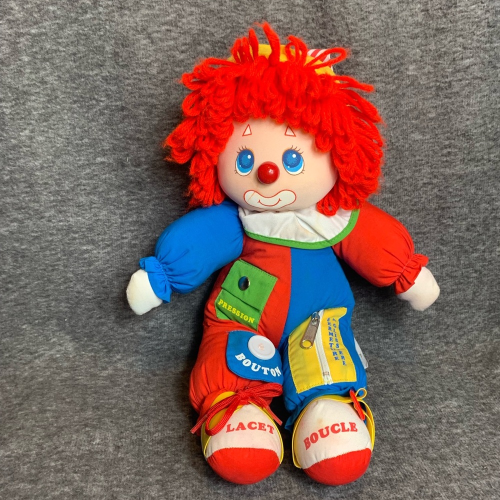 1983 Vintage Amtoy Teach Me To Dress Clown Doll Plush 16" Zipper Button Snap Tie